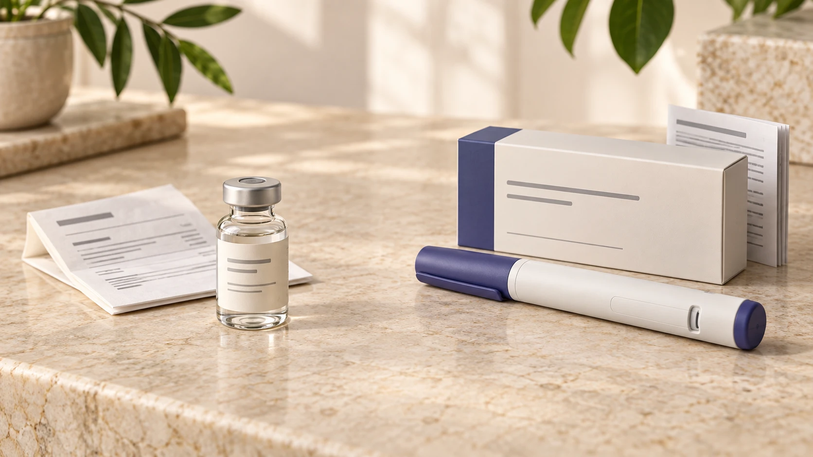 A compounded medication vial beside a boxed brand-name injection pen