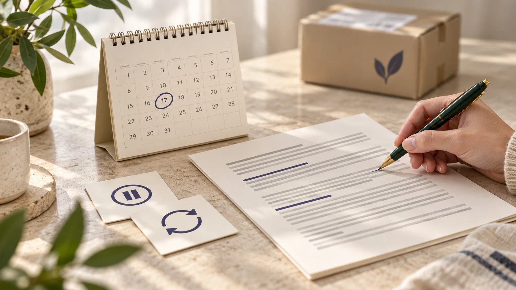 A desk calendar with a date circled, pause and renew cards, and a hand marking up a subscription agreement