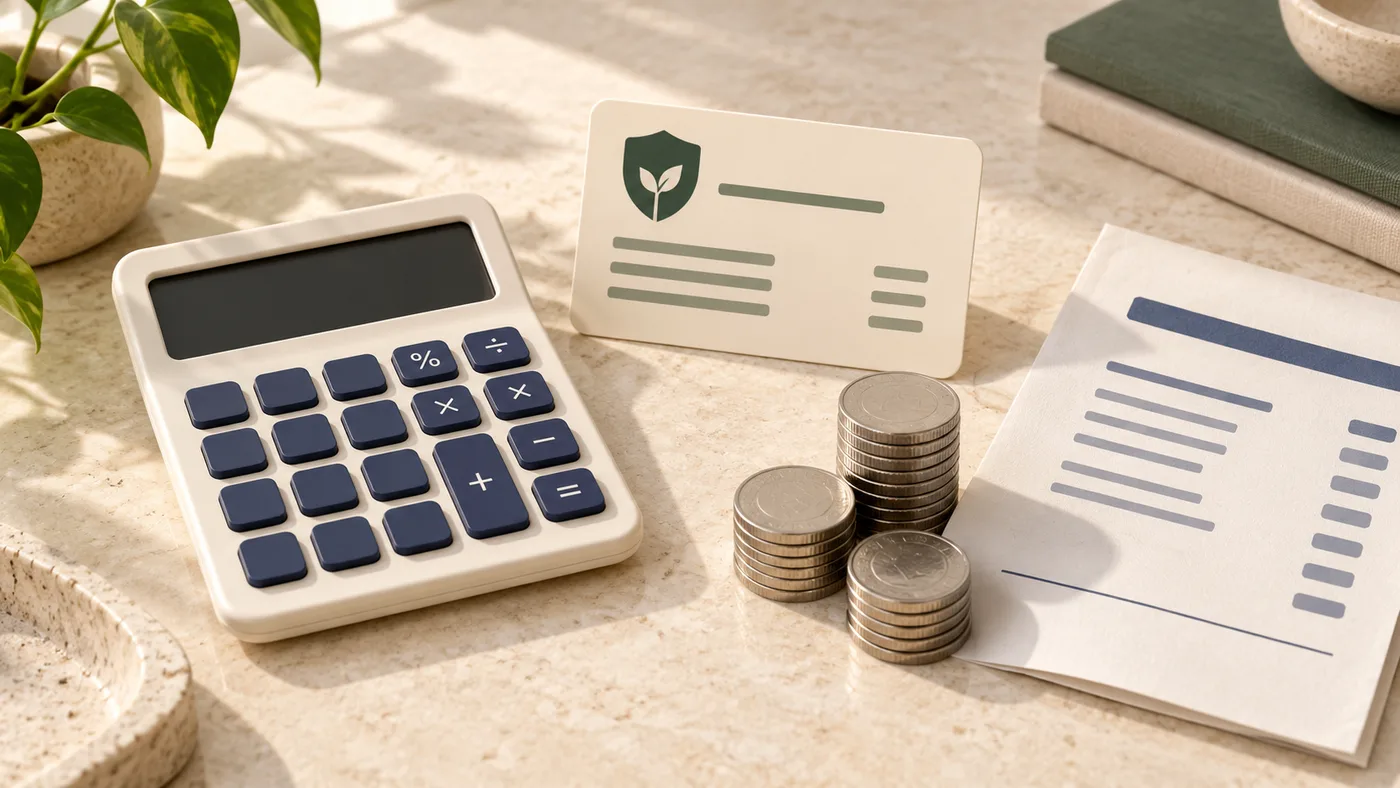 Calculator, insurance card, coins and a pricing sheet
