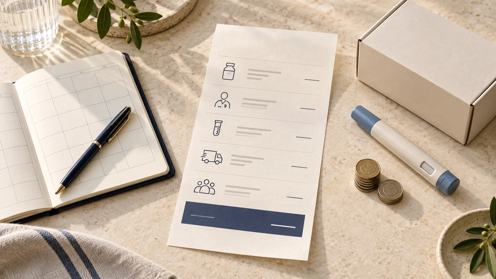 An itemised cost sheet with icons for medication, clinician, labs, shipping and membership, beside a planner, coins and an injection pen