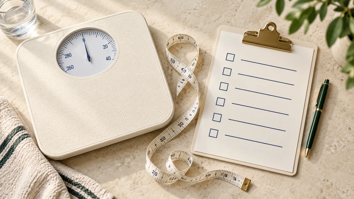 Bathroom scale, tape measure and an eligibility checklist on a clipboard