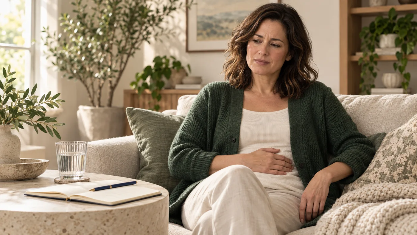A woman resting on a sofa with a hand on her stomach