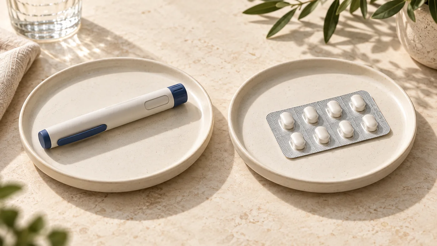 An injection pen and a blister pack of tablets side by side