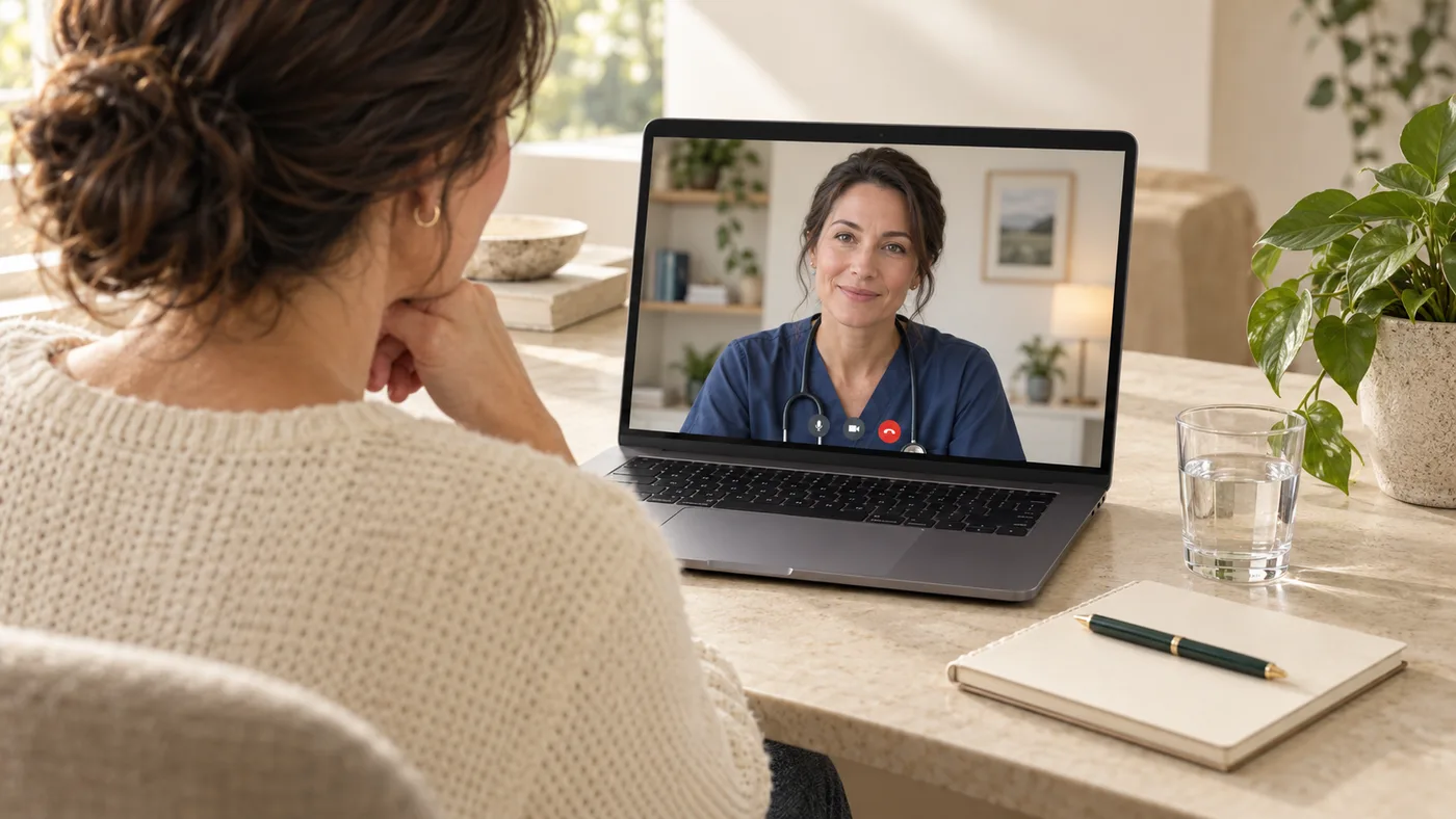 A patient on a video call with a clinician on a laptop